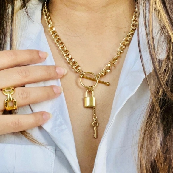 14k Gold Stainless Steel Toggle Lock and Key Pendant Necklace - Picture 2 of 10